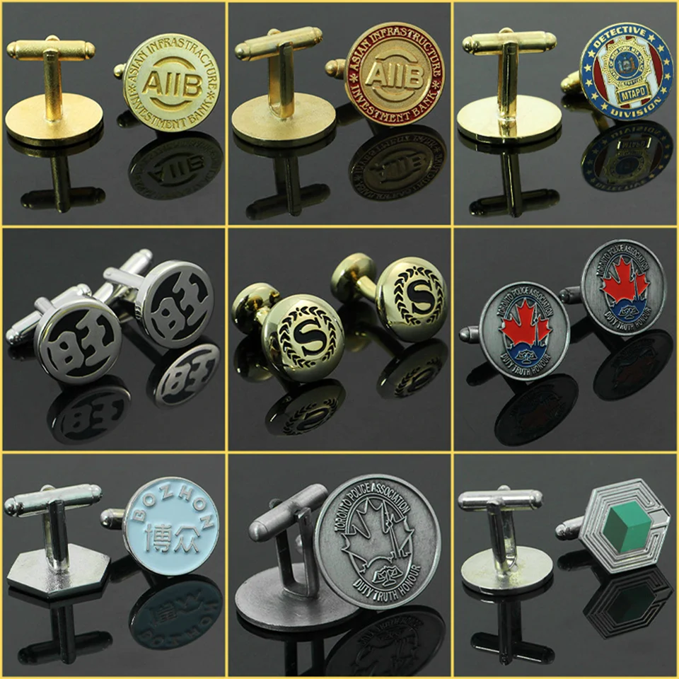 Luxury Custom Engraved LOGO Cufflinks Men Gift with Leather Box Packing Gold/Silver Plating Surface with Enamel