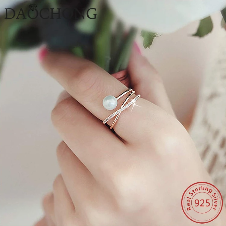 925 Sterling Silver X Ring Cz  Cross Stackable Finger Pearl Rings Adjustable