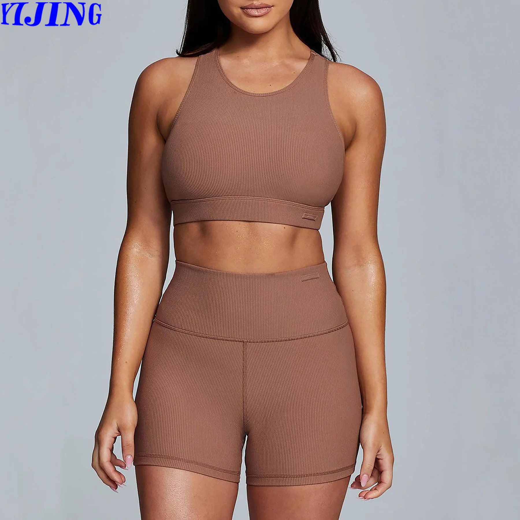 YiJing Breathable Nylon Yoga Pants Set Plus Size Workout Clothes Ribbed Yoga Set Butt Fitness Plus Size Yoga Sets