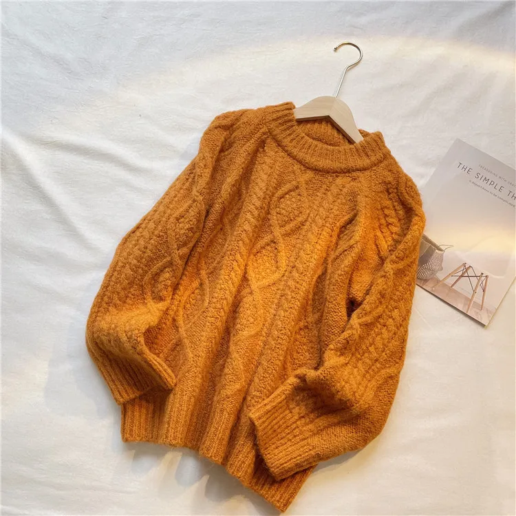 2021 autumn and winter new solid color knitted pullover sweater women retro thick needle twist thick sweater women