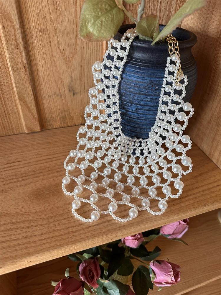 Women Hollow Out Woven Imitation Pearl Necktie Necklace Retro Weaving Beaded Vintage Jewelry Choker Big Flower Shirt Tie Collar