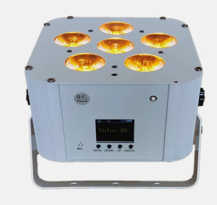 Experience the ultimate in flexibility with  6X18W Battery Power Wireless DMX LED Flat Par featuring Wifi and remote operation