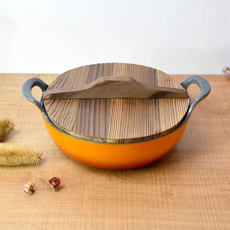 Ebay hot sale cast iron woks with double rectangular handles Cast Iron Shallow Wok - by Alibaba gold supplier