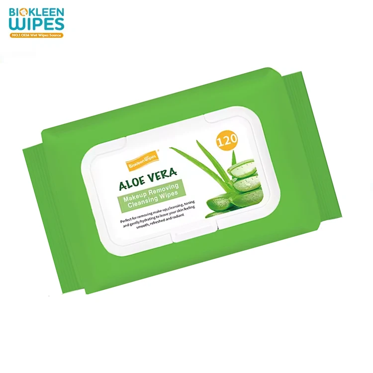 Biokleen OEM 120 pcs Private Label Aloe Vitamin E Face Cleansing Wipes Gentle Facial Cleansing Makeup Remover Wet Wipes