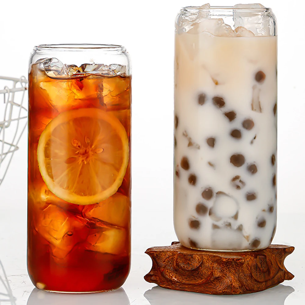 Drinking Glasses with Bamboo Lid and Glass Straw 16 Oz Can Shaped Glass Cups for Beer Ice Coffee Cute Tumbler Cup Great for Soda