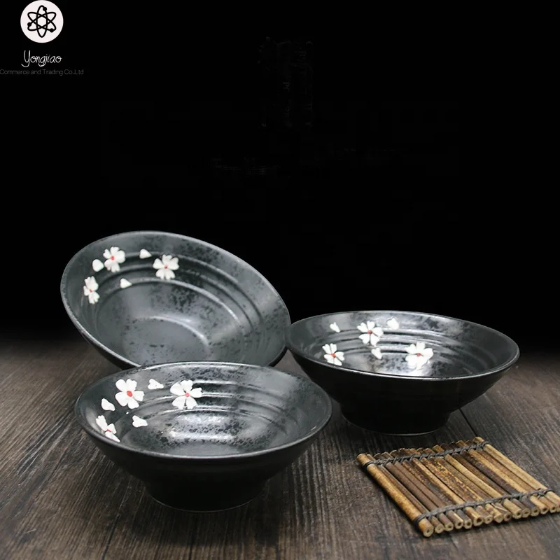 Custom printed wholesale ceramic Japanese black pottery ramen noodle bowl