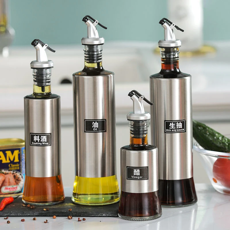 Press-type stainless steel oil bottle household kitchen leak-proof glass soy sauce vinegar seasoning bottle cooking bottle