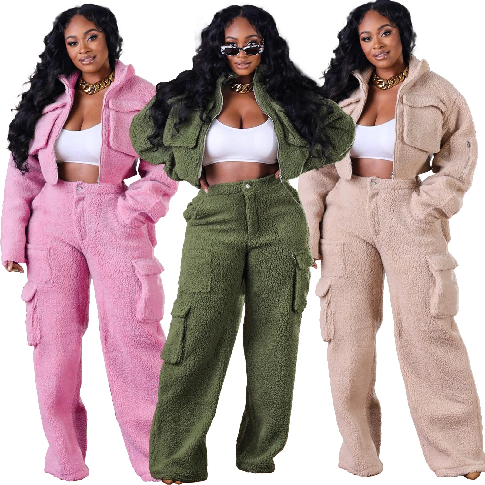 2024 Fall Winter Fashion Women Clothing Zip Up Jacket+ Pocket Cargo Pants Set Solid Color Womens Fleece Two Piece Set
