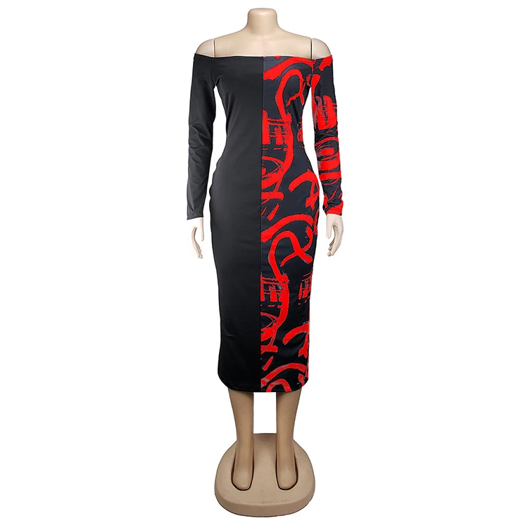 
2021 Hot Sales New Style Women Bodycon Printing Off-Shoulder Stitching Lady Casual Long Dresses 