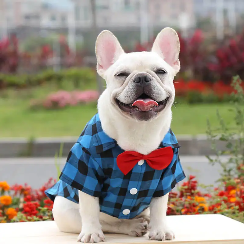 2023 New Arrival Large 5XL Bulldog Rosette Pet Clothing Plaid Dog Shirts Breathable Dog Clothes Drop Ship