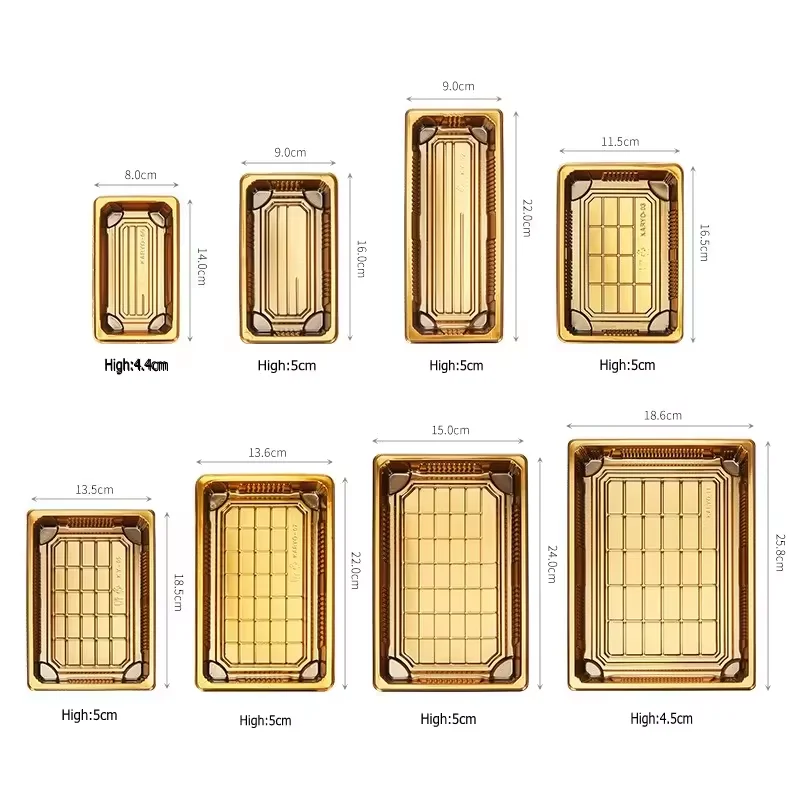 Golden Sushi Tray Blister Plastic Food Container Takeaway Serving Platter Disposable Luxury Sushi Trays Packaging Box with Lid