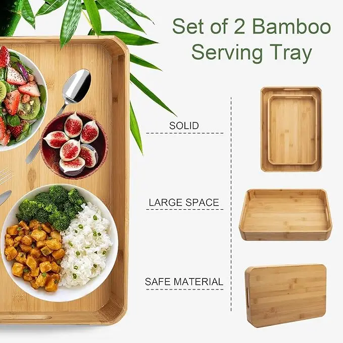 2 Pack Bamboo Tray-Serving Tray with Handles-Large Bamboo Wooden Tray,Food Tray,Tea Tray,Bar Tray