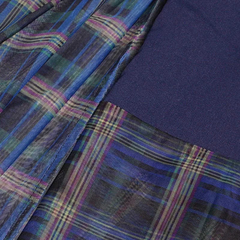 TWOTWINSTYLE Vintage Plaid Hit Color Ruched Irregular  Patchwork Mesh Female Skirt
