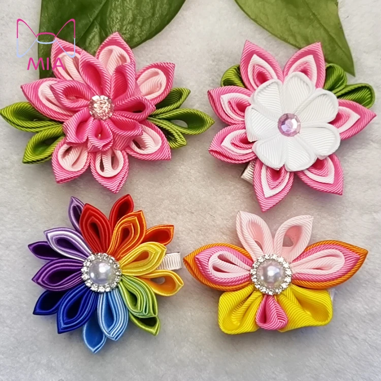 high quality children tendency satin grosgrain ribbon flower butterfly hair bow with clip for princess girls hair accessories