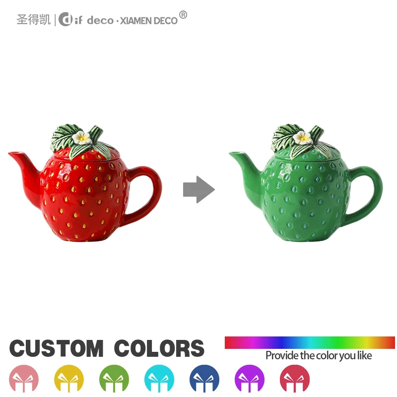 Custom Logo Fruit Design strawberry Teapot Ceramic Tea Cup and Pot Set Wholesale