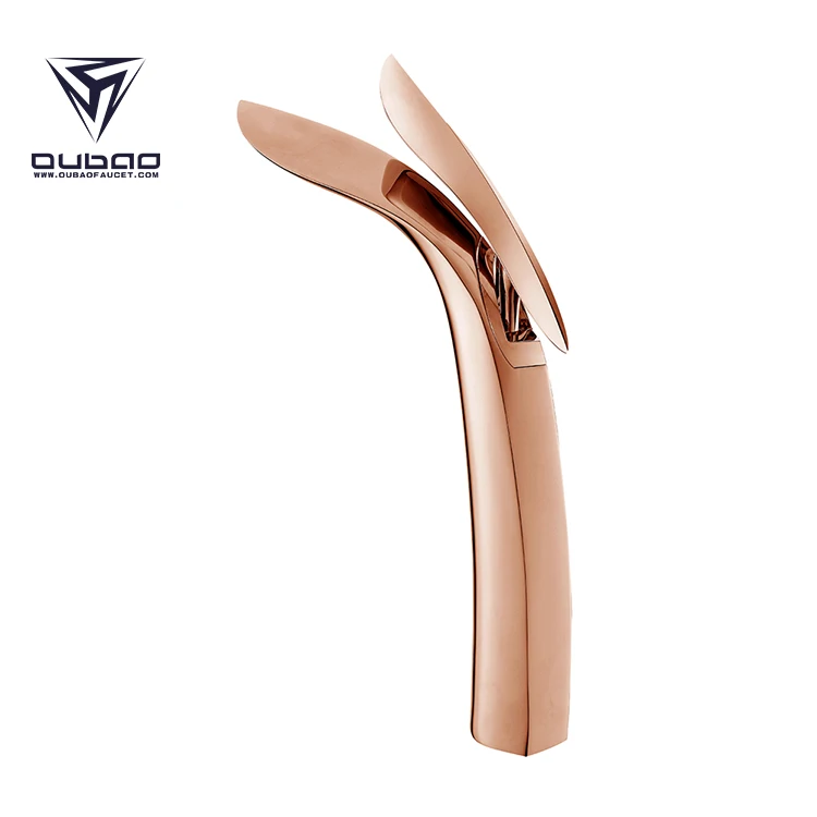OUBAO Leaf Design Single Lever Brass Rose Gold Vessel Wash Basin Mixer Faucet Tap