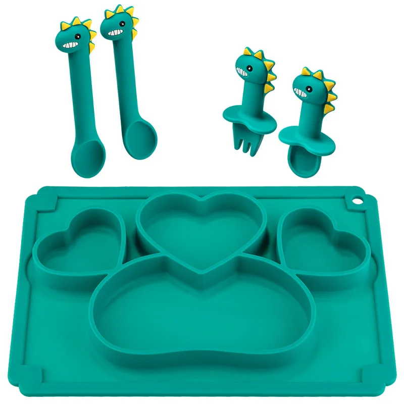 Amazon Hot Sale Kid Non-slip Feeding Bowl Rubber Plates Dinosaur Silicone Baby Food Plate Set