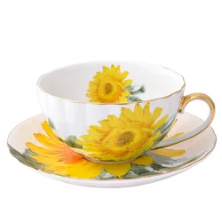 Creative sunflower coffee cup saucer set british home office flower tea cup drawing gold rim bone china cup custom logo