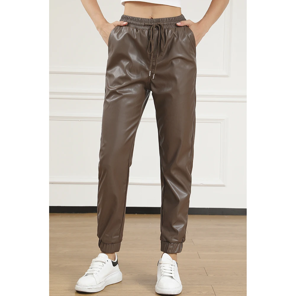 Custom Made Casual Ladies Faux Leather Pants Brown PU Leather Joggers Women