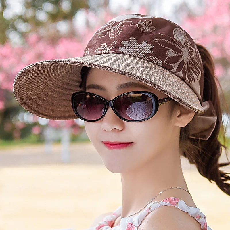 Sidiou Group Outdoor Flower Printed Sunshade Cap Big Brim With Foldable Visor For Cycling Hiking Casual Women Sun Visor Hat