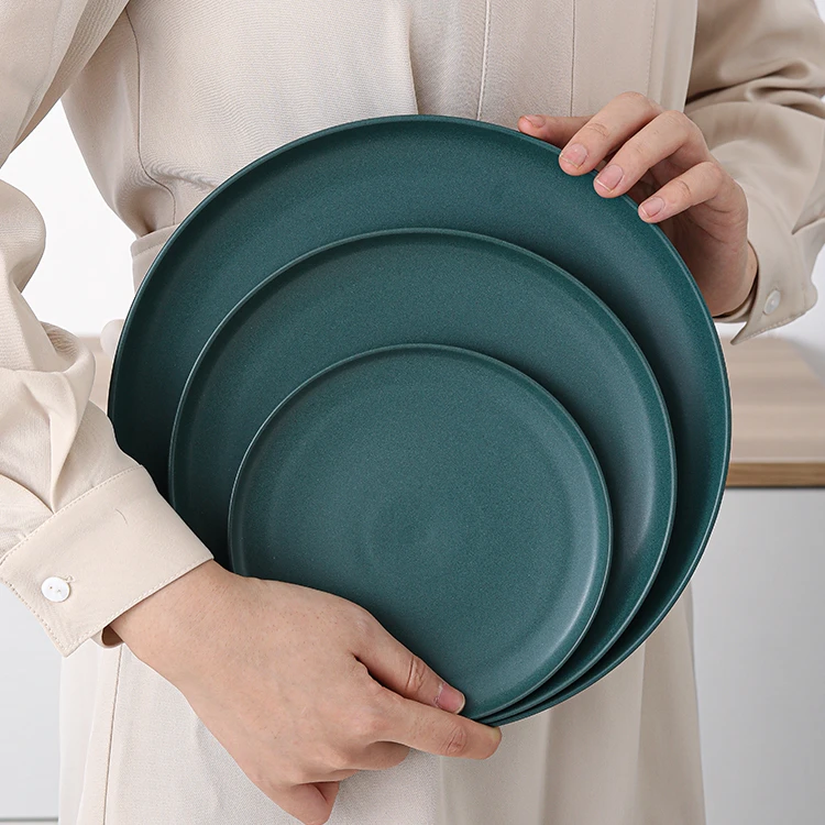 Nordic Simple Style Ceramic Porcelain Matte Dark Army Green Colorful Dinnerware Plates Set Microwave Safe Reactive Tableware