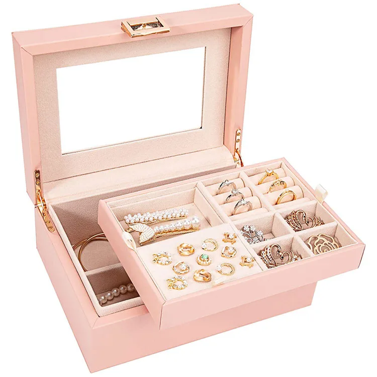 Jewelry Box for Womens Teen Girls,Large Jewelry Organizer Storage Case with Mirror  and 2 Layers Removable Tray,Leather Jeweller