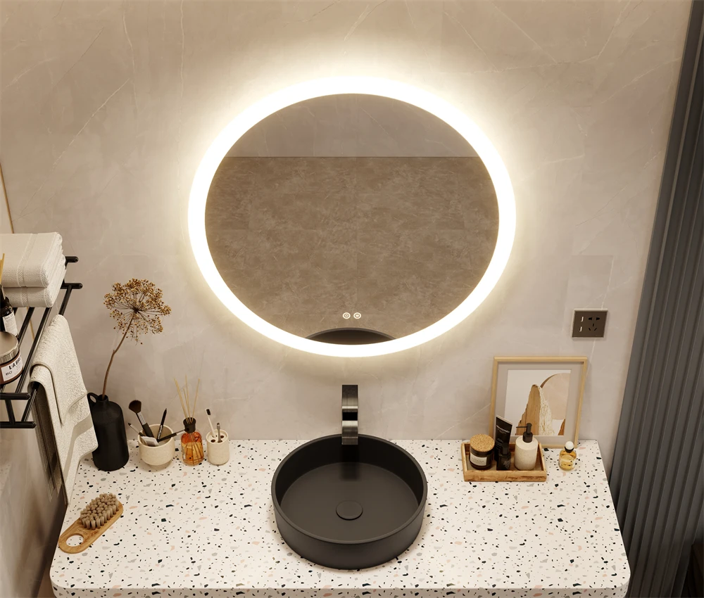 Round LED Bath Mirrors Glass Touch Screen Bathroom Makeup Mirror With Led Light