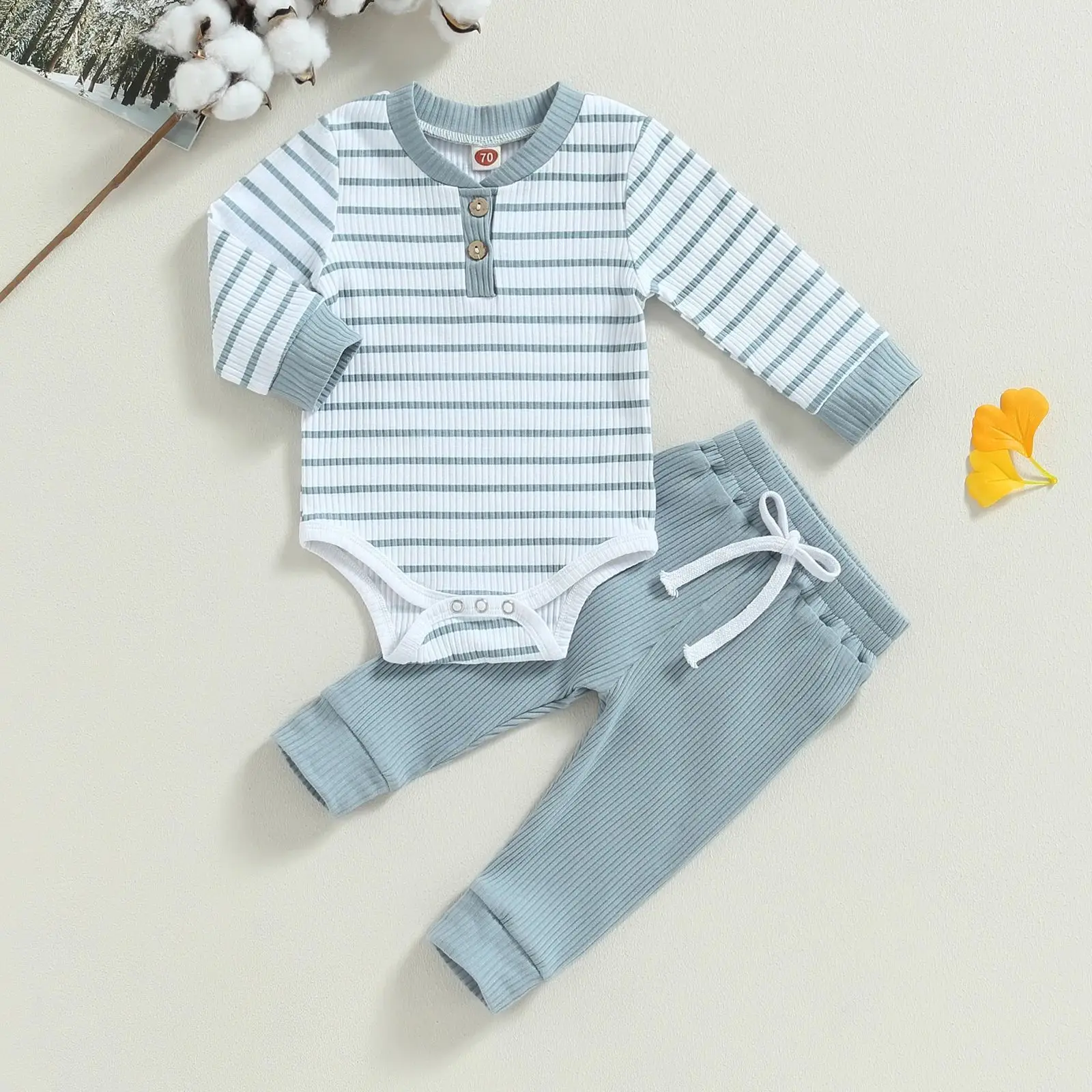 Newborn Baby Outfit Sets Long Sleeve Striped Romper Solid Color Long Pants Baby Boys Outfit 0-3 Month