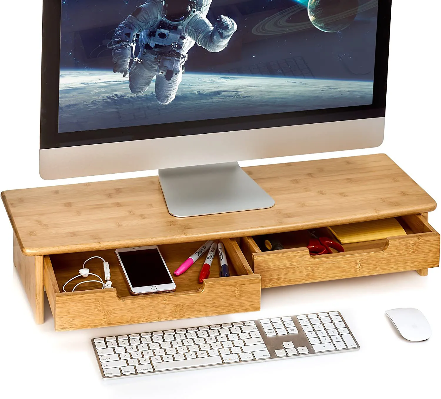 Bamboo Extra Long TV/Monitor Stand and Riser with 2 Pull Out Drawers for Living Room