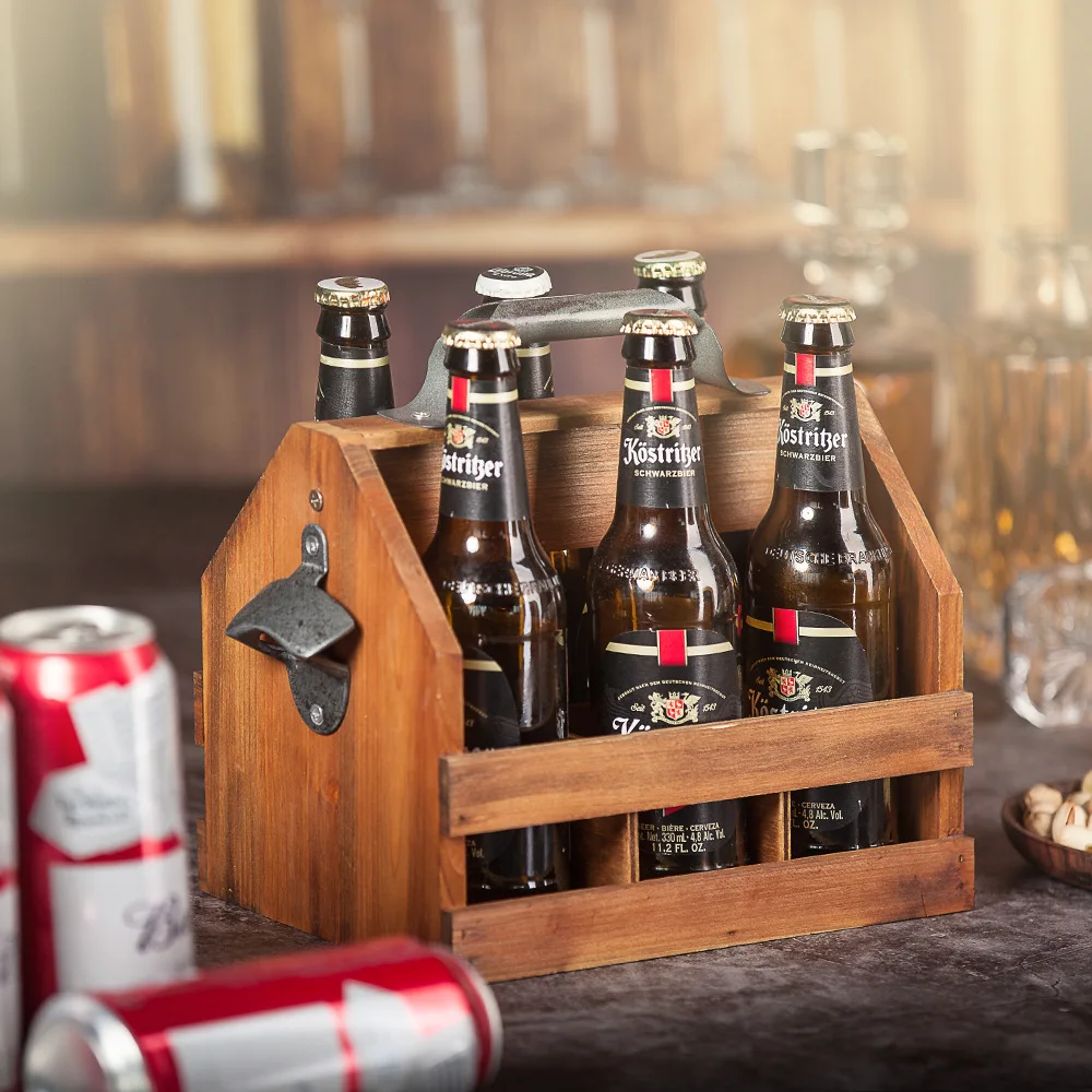 Wooden 6-Bottle Beer Bottle Portable Storage Basket with Detachable Interior and Equipped with a Metal Bottle Opener