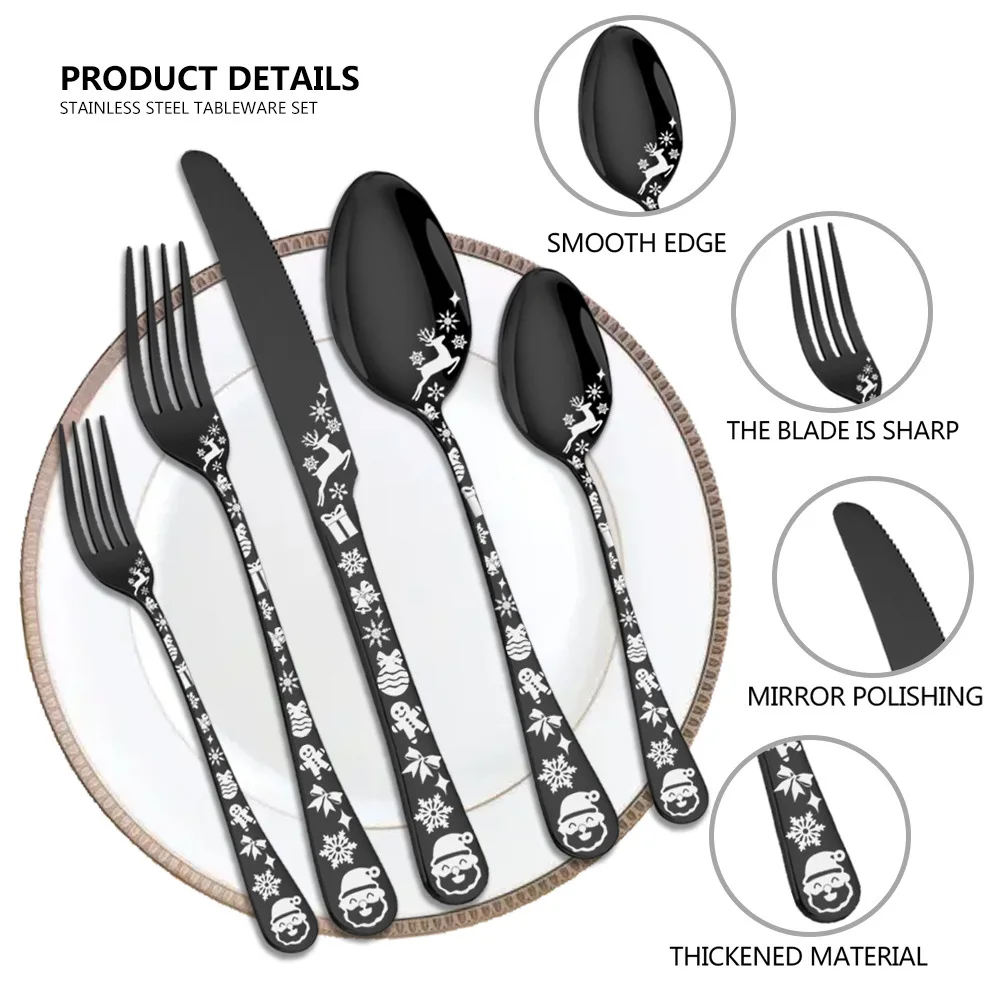 Funny Matte Gold Christmas Pattern Handle Cutlery Set 20/40PCS Cheap Stainless Metal Flatware Dinnerware Kitchen Hotel Parties