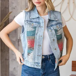 Free Shipping Fashion New Casual Color Block Vest Coat Ladies Denim Jacket Aztec Denim Vest