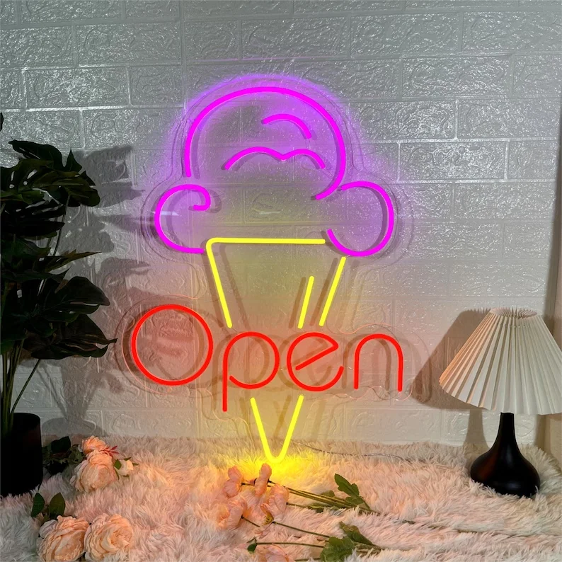 Outdoor indoor waterproof neon light led custom ice cream neon sign store logo with low price open neon sign