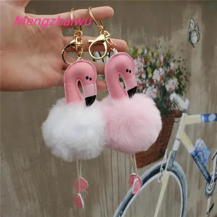 France Best Selling Trend Household Products Fashion Plush Pom Pom Ball PU Flamingo Leather Key Chain Fur Cute Keychains
