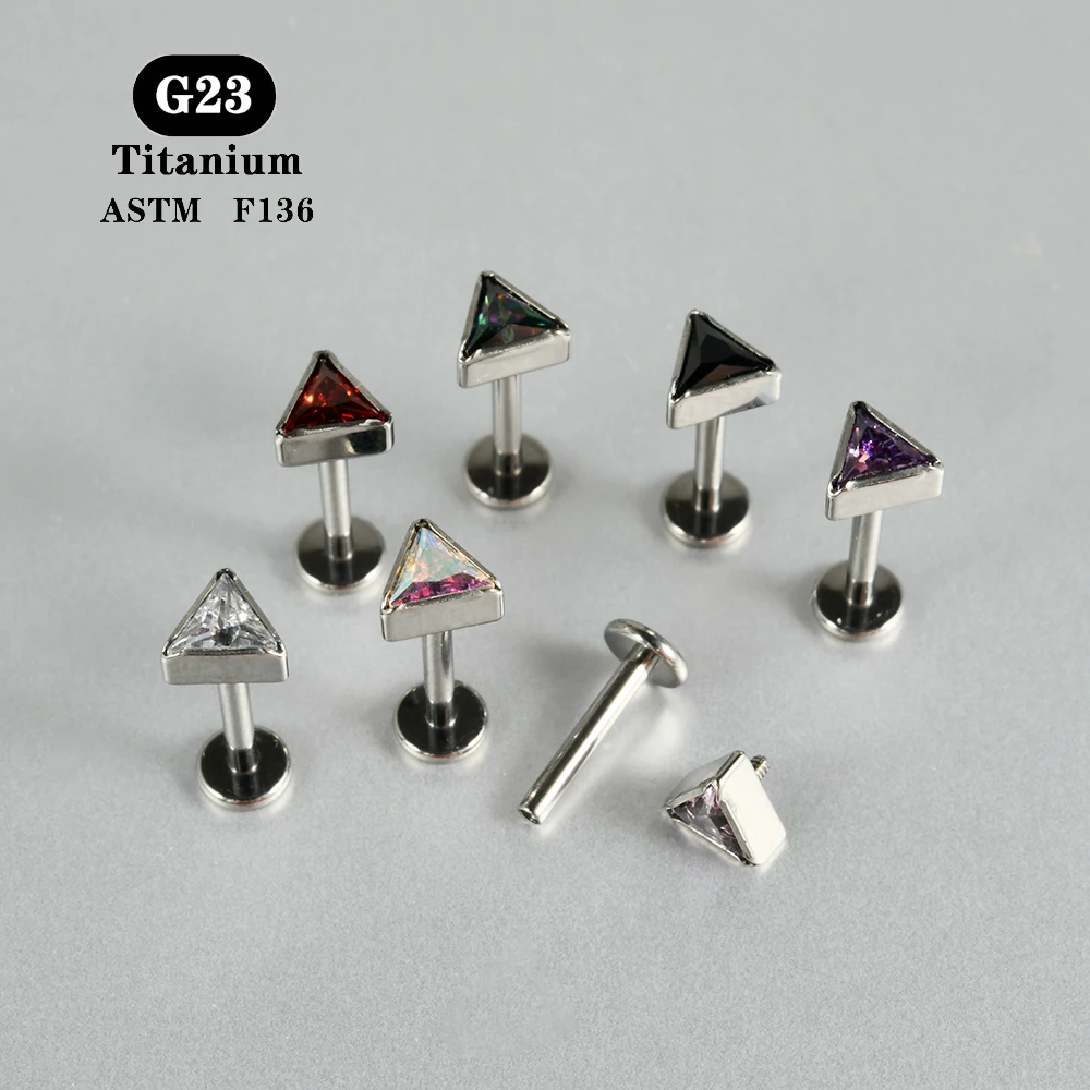 ASTM F136 Titanium Thick Triangle CZ Labret Ear Lobe Helix Tragus Cartilage Studs Lip Piercing Jewelry 1.2x8mm