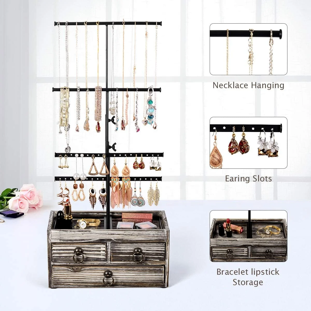 Rustic Wood Jewelry Stand Organizer 4 Tier Metal Jewelry Holder Display With Wood Basic Storage Box 3 Drawers and Adjustable