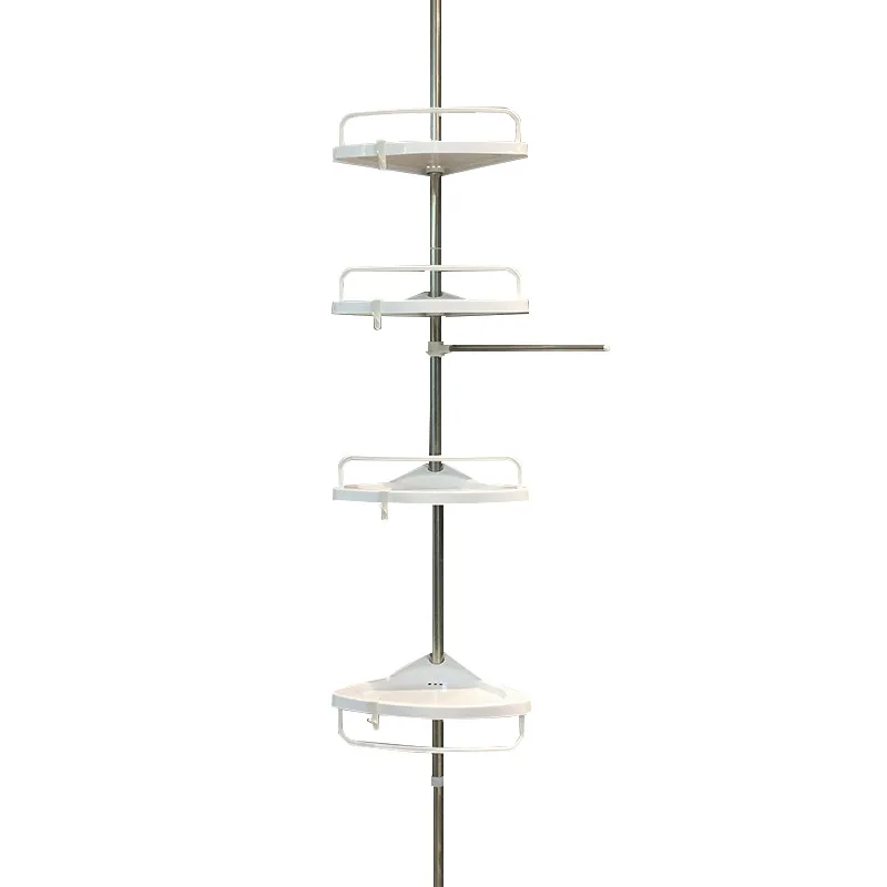 4 Tier wall mounted Telescopic Bathroom Corner Shower Caddy PP plate in white color bathroom shelves   with  a hanging rod