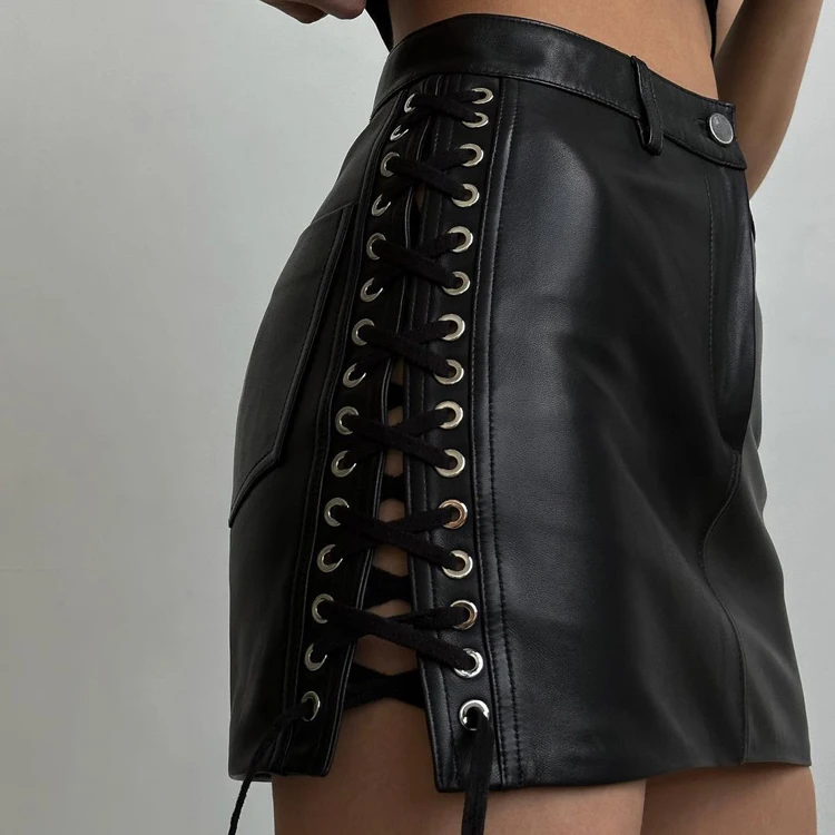 Fashion Streetwear Sexy Club Split Slit Lace Up PU Leather High Waist Black Mini Short Bandage Skirts For Women