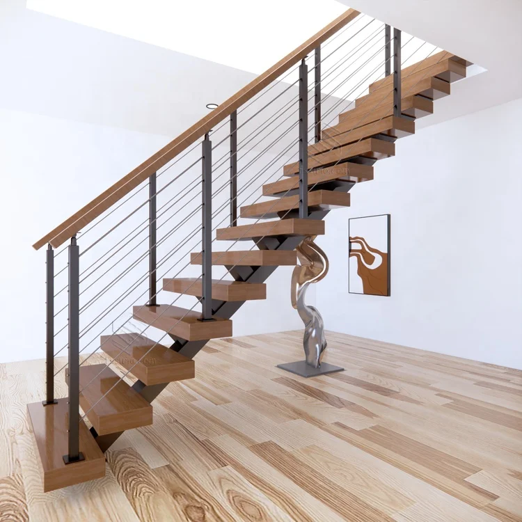 Mono metal stringer floating stairs system with cable railing and  timber treads meet with USA/ European building  code