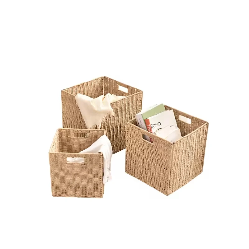 Хит продаж Плетеная соломенная складная бумажная веревка тканая игрушка для хранения одежды корзина еды с ручкой