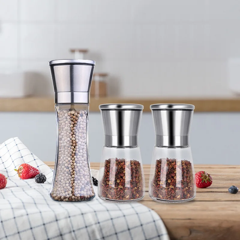 Stainless Steel Glass Refillable Shaker Adjustable Ceramic Sea Salt Pepper Grinder for Kitchen