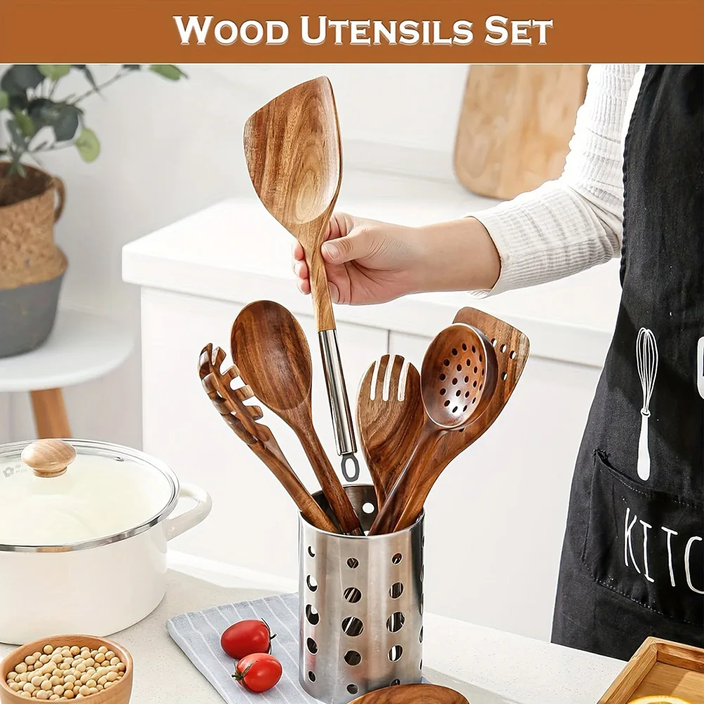 8 PCS Kitchen Cooking Wooden Spoon Spatula Natural Acacia Wood Utensils Set with Stainless Steel Handle