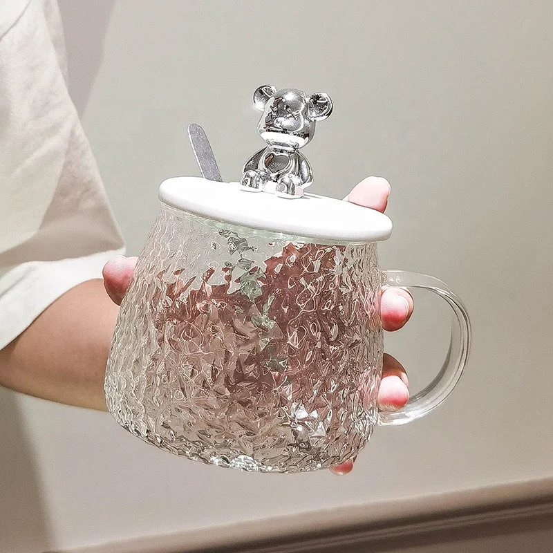 Ins Style 3D bear portable glass mug glass cups for drinking 15oz sublimation household glass milk tea coffee mugs with lid