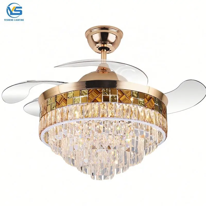 D003 Chandelier Fan light Bldc Motor Bronze k9 Crystal LED Ceiling Fans For Hotel Lobby Fandelier ceiling fan with led light