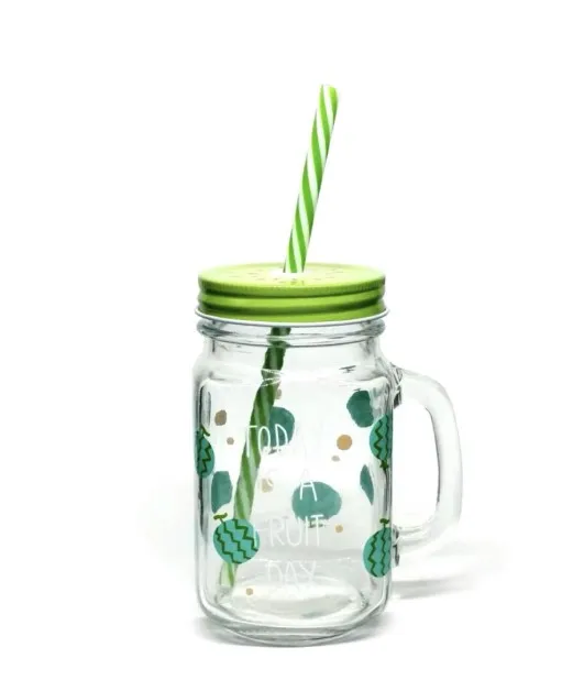 500ml Wide Mouth  Glass Drinking Water Cup 16 oz Glass Mason Jar  With Handle With Metal Lid
