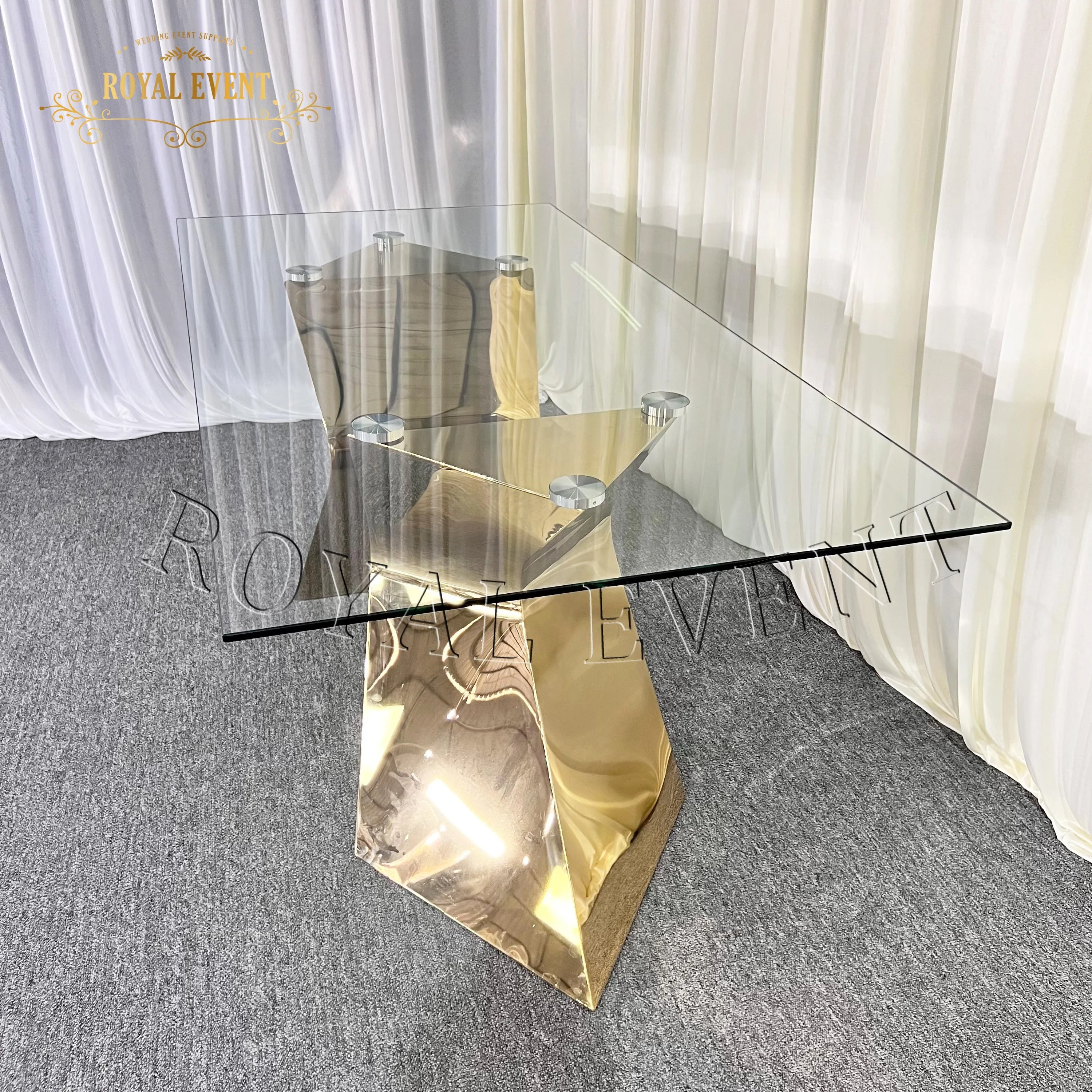 Luxury Design Gold Stainless Steel Wedding Table Elegant Bridal dining Table glass top hotel furniture dining table For Wedding