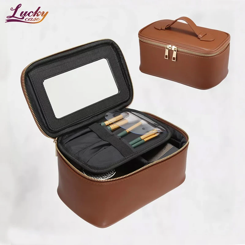 Brown PU Makeup Cosmetic Organizer Bag Large Stylish Travel Toiletry Case with Mirror Custom Beauty Makeup Bag