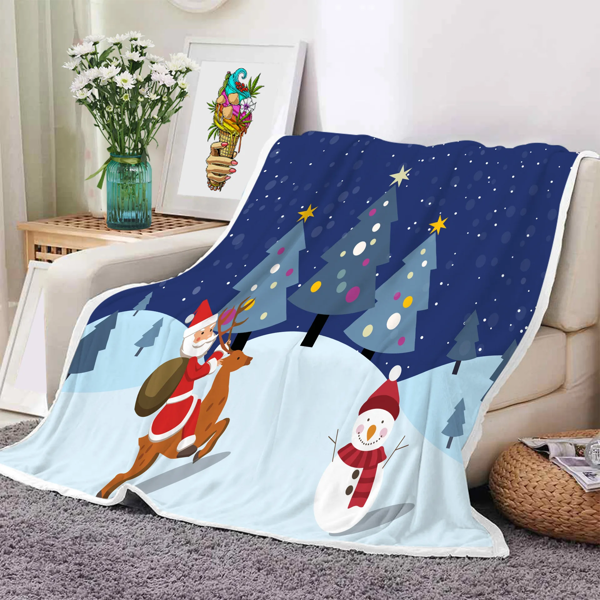 High Quality Custom Christmas Flannel Blanket Snowman Digital Printed Polyester Fleece Blanket
