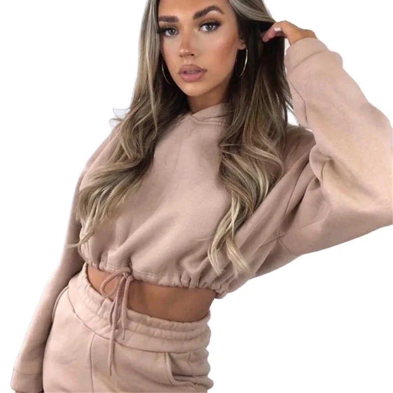 Exercise 2 Piece Sets Women High Waist Long Sleeve Crop Tops Hoodies Drawstring Women Custom Hoodie Embroidery