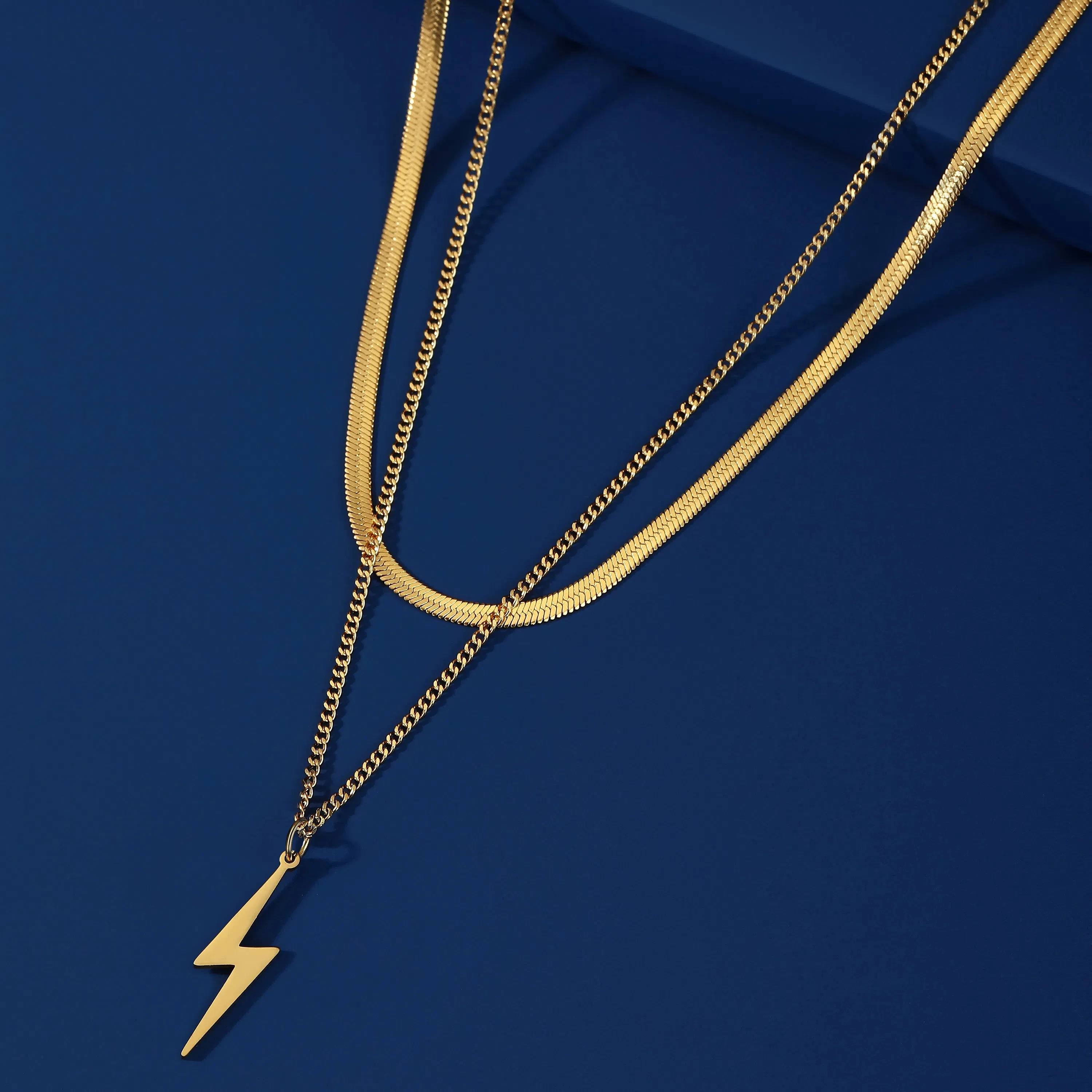 Lightning Bolt Pendant Necklace Double Layer Fashion Dainty Snake Link Chain Stainless Steel Jewelry